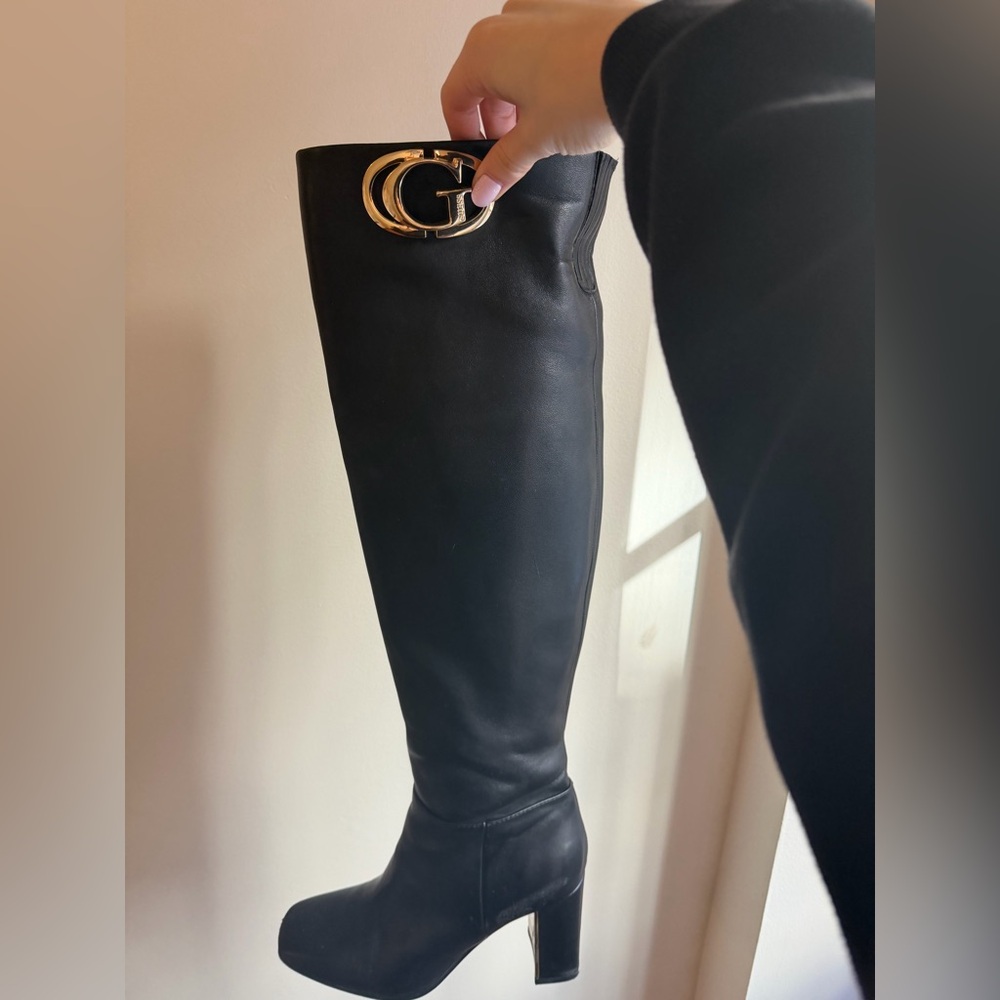 Guess Black Over the Knee Boots with Gold Accent